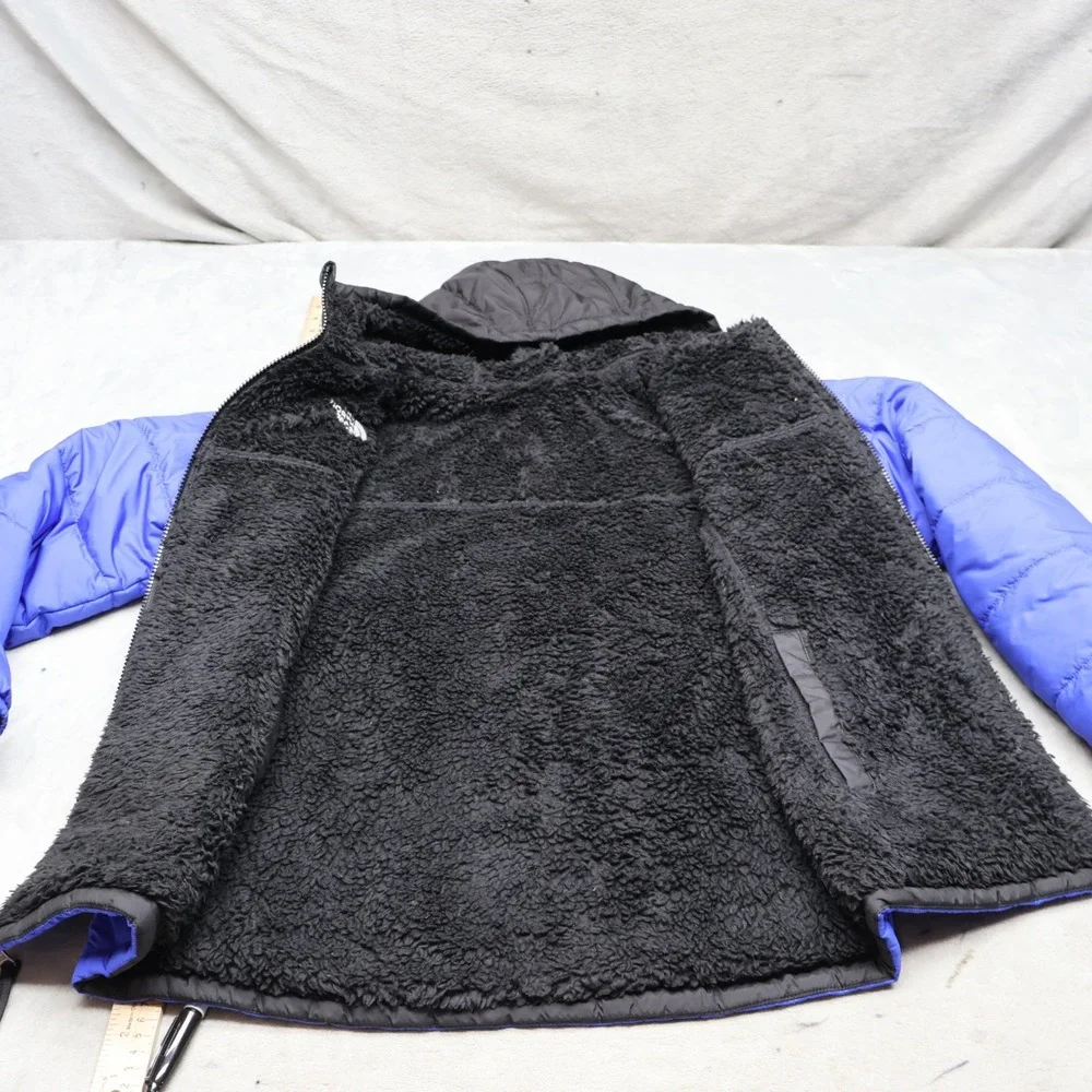 North Face Boys Large 14/16 Blue Reversible Hooded Fleece Lined Insulated Puffer